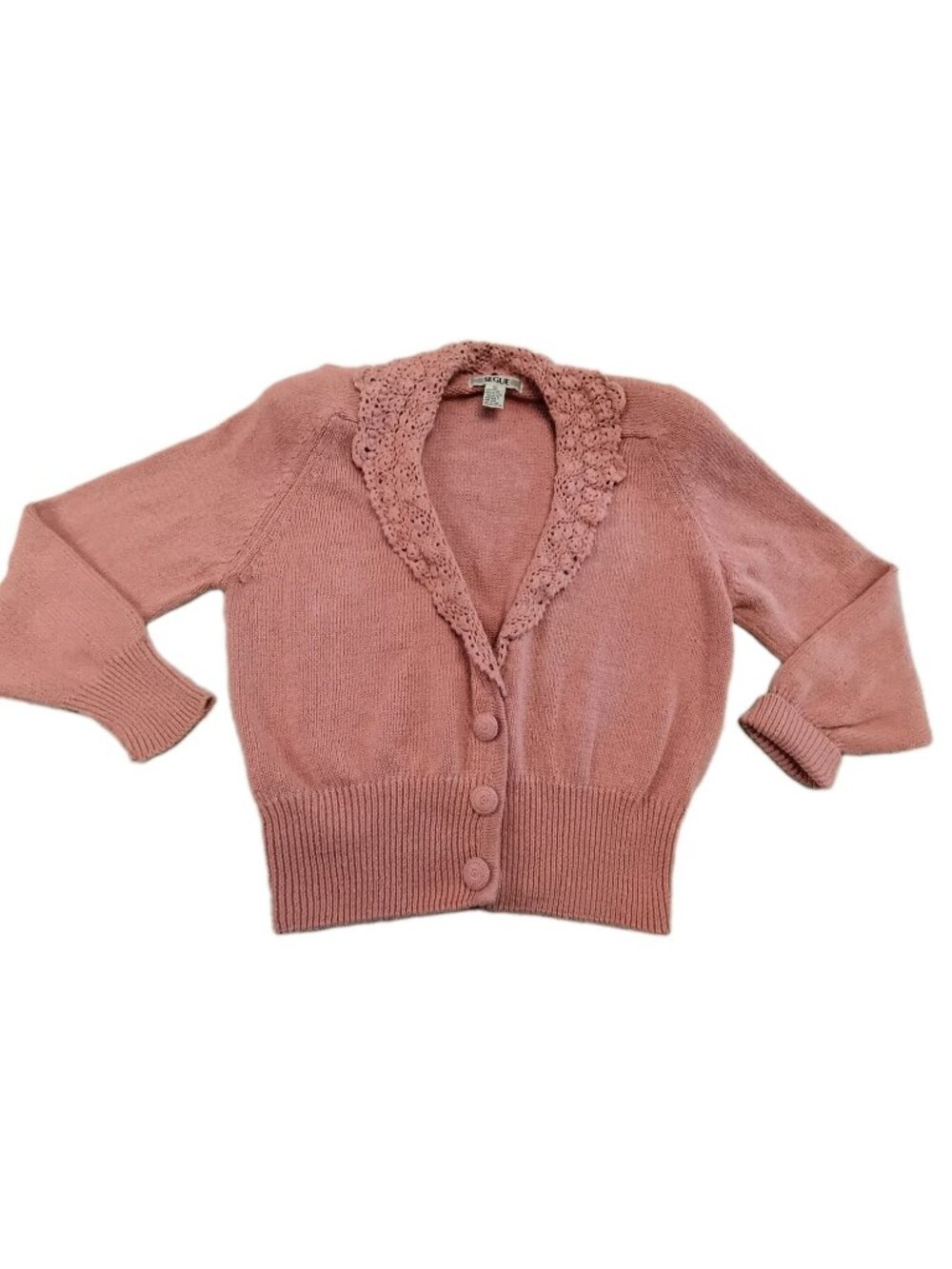 Vintage Segue Cardigan Floral  Crochet Pink Sweater Women Size Large V-Neck